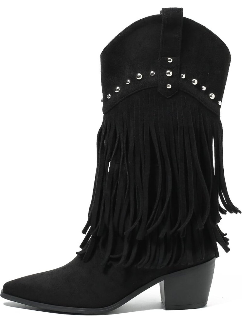 Women's Black Western Fringe Boots Mid-Calf Cowgirl Boot with Studded Block Heel
